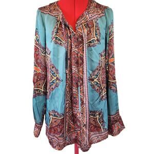 NY Collections  Blue Teal Boho Peasant Silky Long Sleeve Blouse Size XL